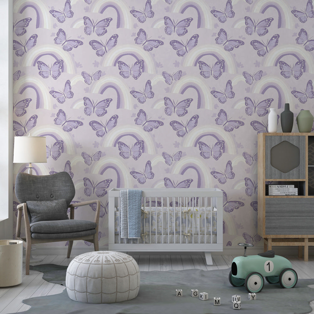 Kids-Mundo purple butterfly rainbow wall mural brightening a pastel children's playroom
