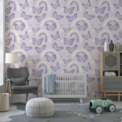 Kids-Mundo purple butterfly rainbow wall mural brightening a pastel children's playroom
