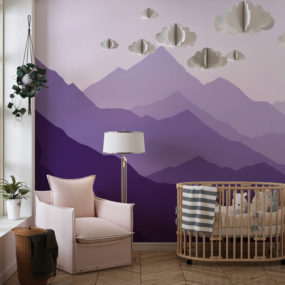 Alpine mountain mural wallpaper for children's room with peaceful lavender tones by Kids-Mundo
