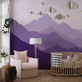 Alpine mountain mural wallpaper for children's room with peaceful lavender tones by Kids-Mundo