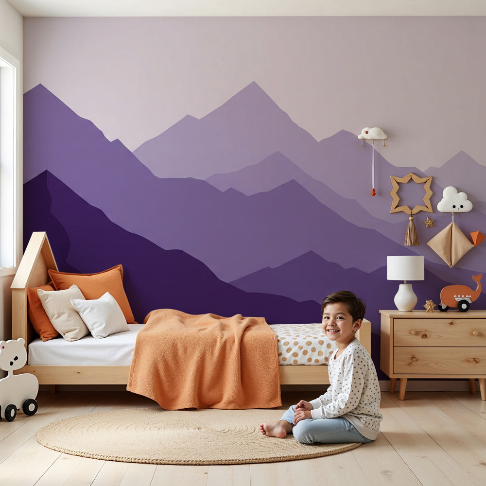 Purple mountain mural wallpaper creating serene alpine nursery decor by Kids-Mundo