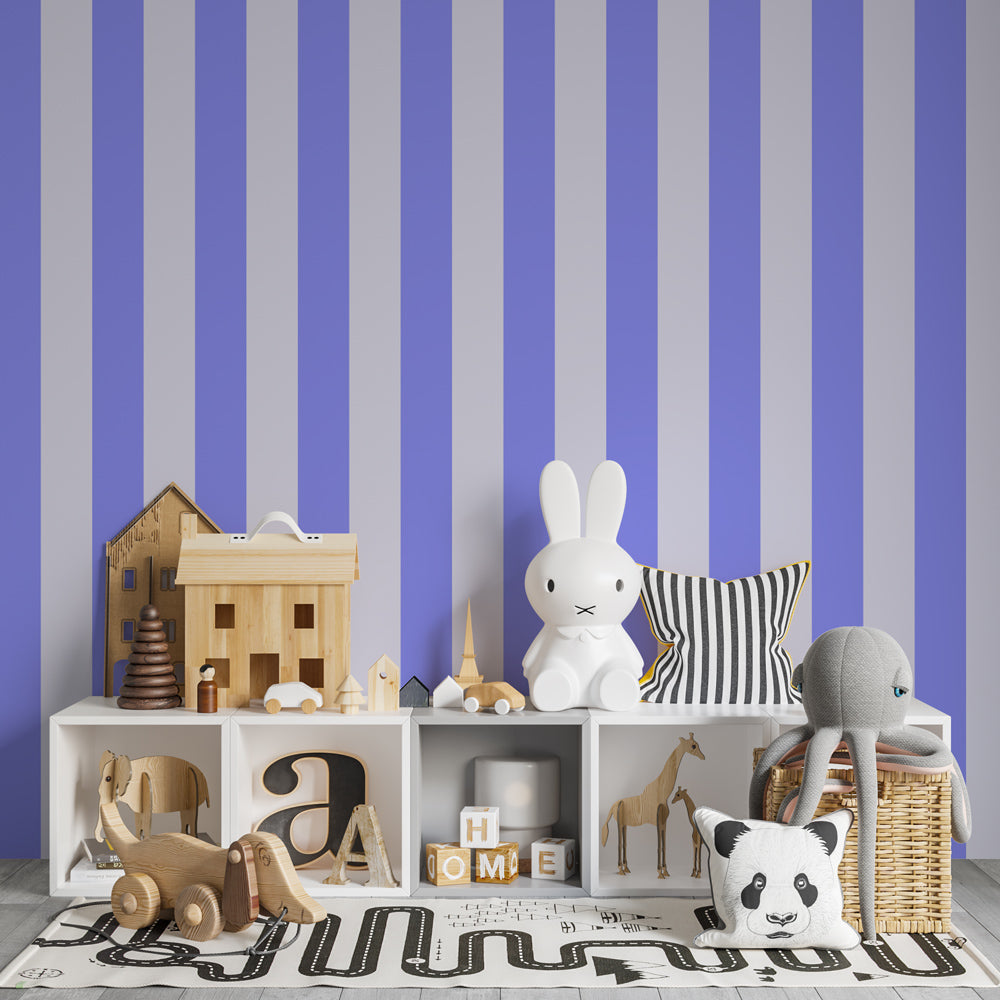 Soft violet striped wallpaper creating serene kids bedroom atmosphere by Kids-Mundo