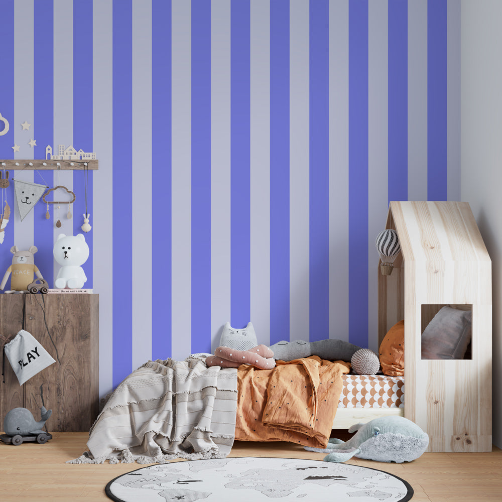 Children's purple striped mural wallpaper in modern playroom setting by Kids-Mundo