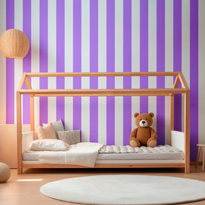 Soft violet stripes wallpaper creating calming kids bedroom atmosphere