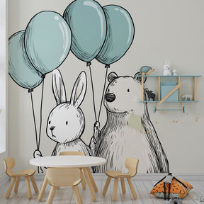 Soft beige rabbit bear wallpaper with turquoise balloons in stylish nursery setting