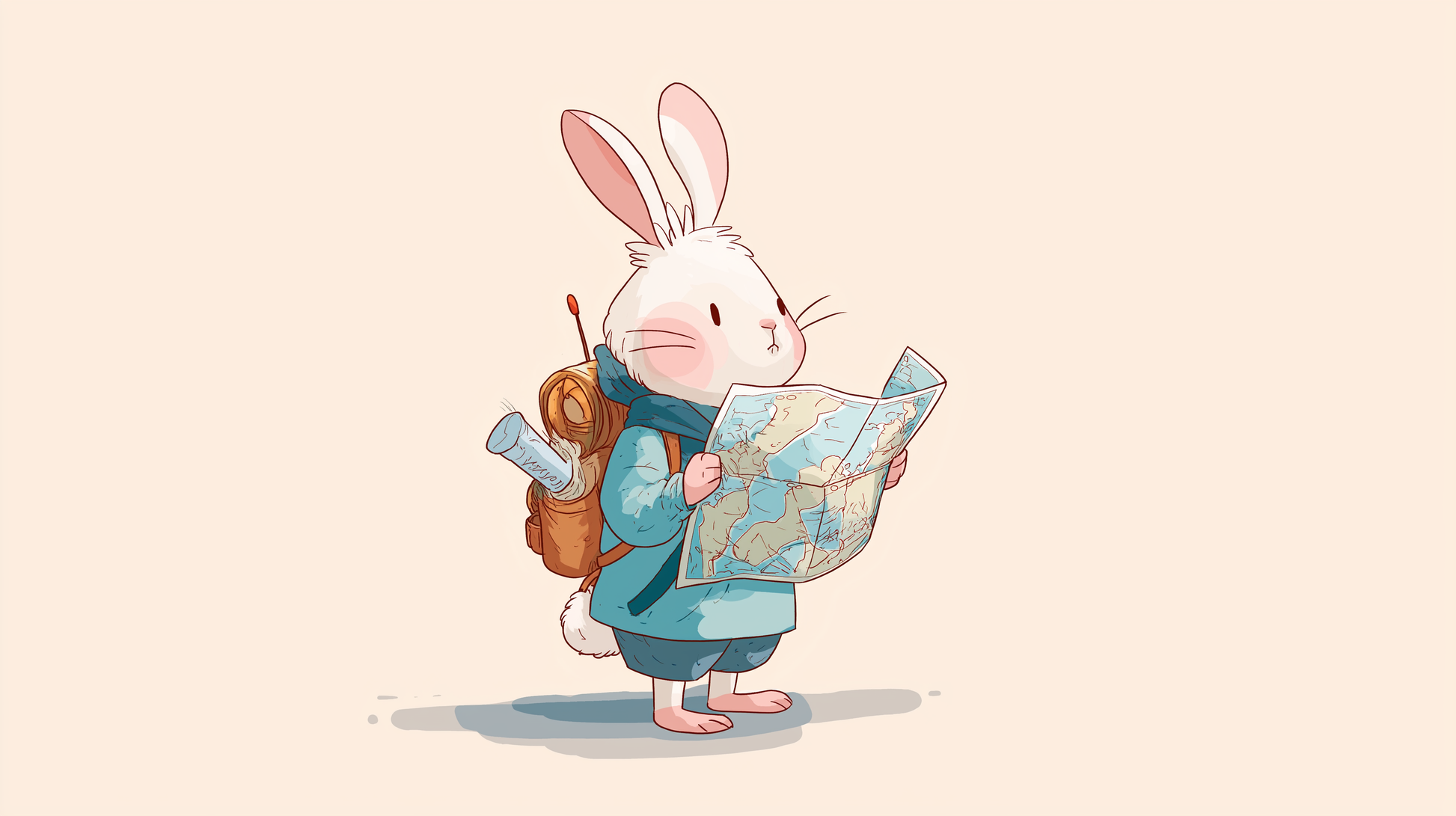 Kids-Mundo flat artwork preview of the rabbit explorer reading a map wall mural design.