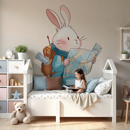 Kids-Mundo rabbit explorer wall mural styled behind a cot in a soft peach nursery.