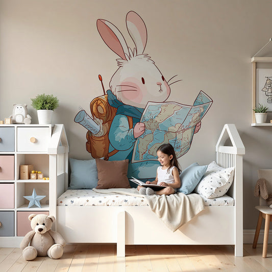 Kids-Mundo rabbit explorer wall mural styled behind a cot in a soft peach nursery.