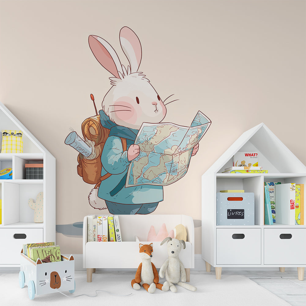 Kids-Mundo rabbit explorer wall mural covering a wall in a cheerful children's playroom.