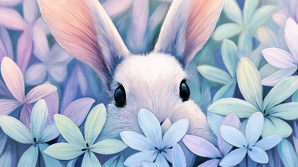 Detailed curious rabbit and floral garden mural wallpaper design pattern by Kids-Mundo