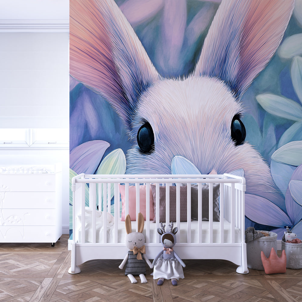 Rabbit garden wallpaper with pastel flowers decorating modern kids room