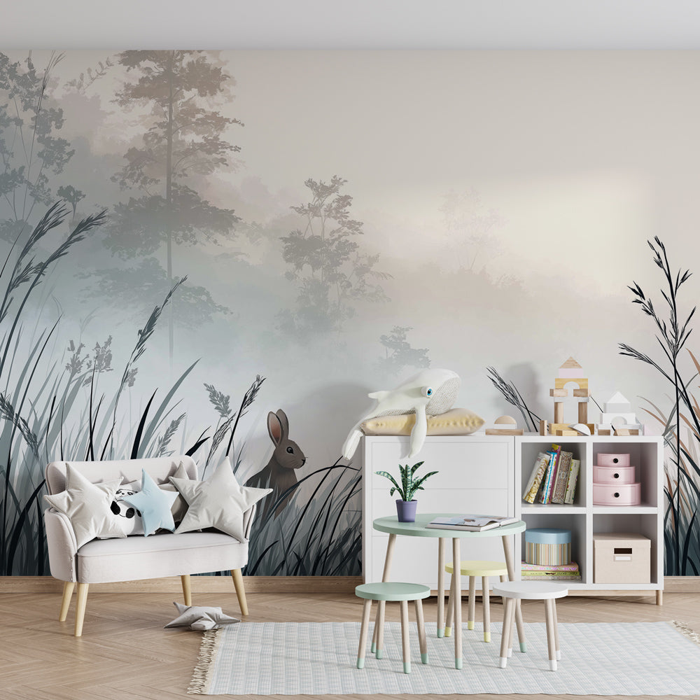 Serene rabbit nature wallpaper transforming kids bedroom into woodland sanctuary by Kids-Mundo