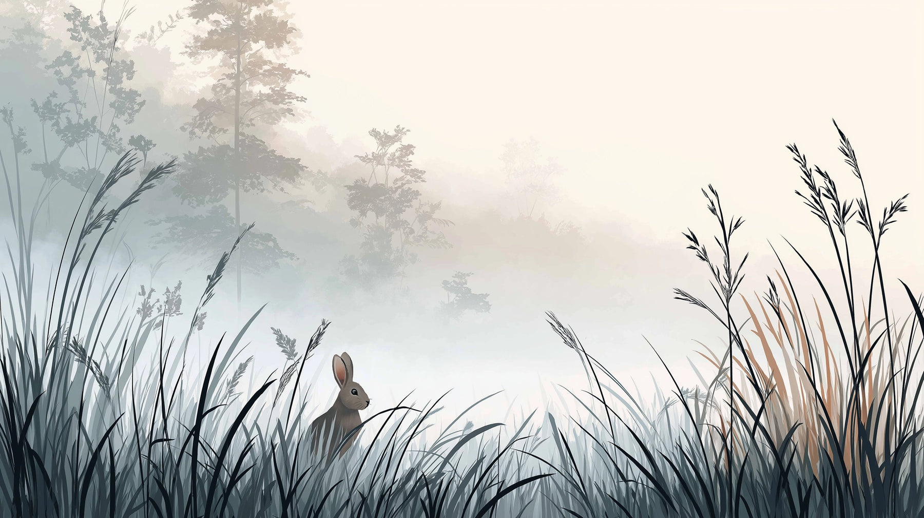 Detailed rabbit meadow mural wallpaper design pattern showing little bunny in misty grass by Kids-Mundo