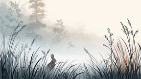 Detailed rabbit meadow mural wallpaper design pattern showing little bunny in misty grass by Kids-Mundo