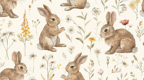 Detailed rabbit meadow mural wallpaper design pattern showing bunnies and floral elements by Kids-Mundo