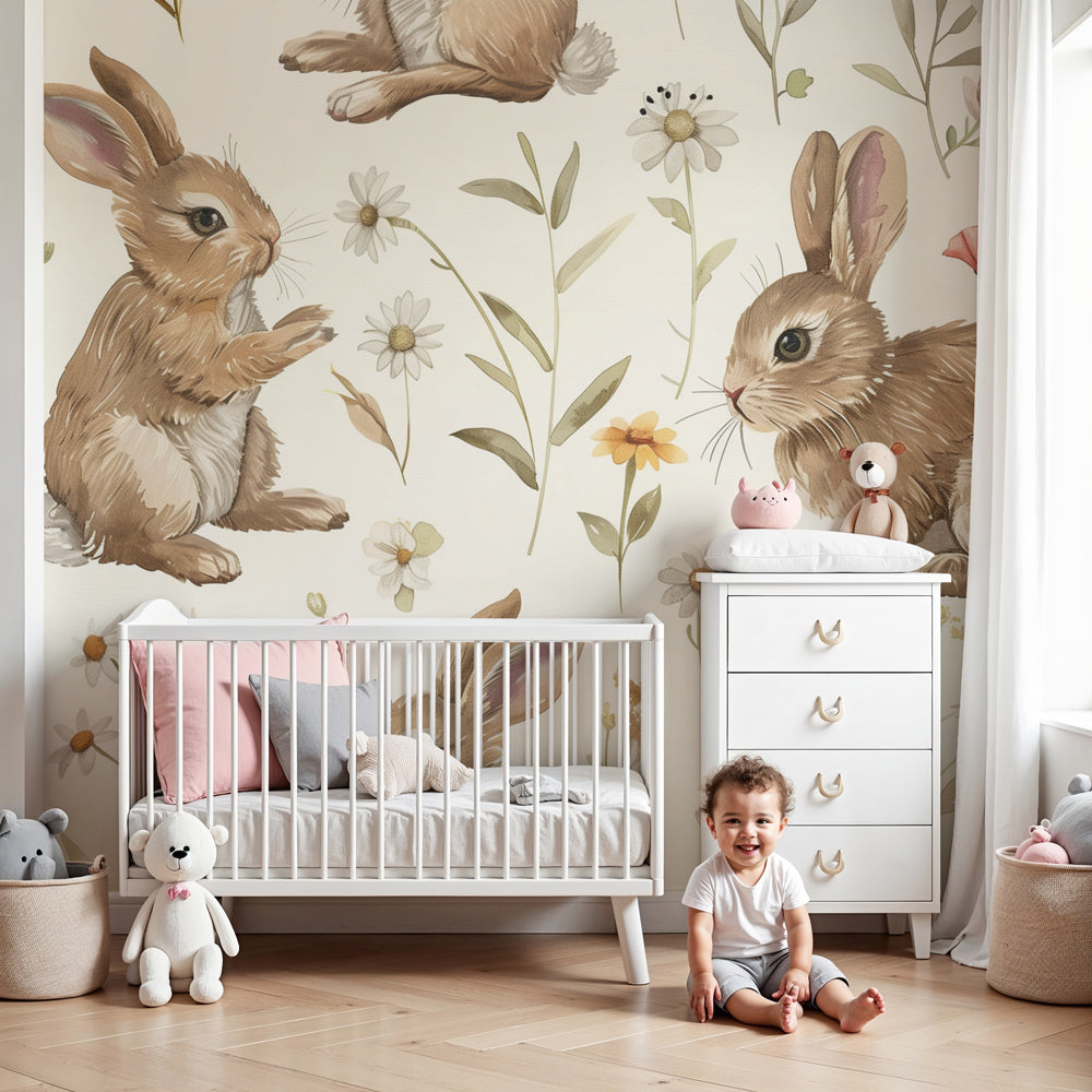Rabbit meadow mural wallpaper creating peaceful nursery atmosphere with natural wood crib by Kids-Mundo