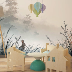 Peaceful rabbit mural wallpaper with tall grass creating calming playroom decor by Kids-Mundo