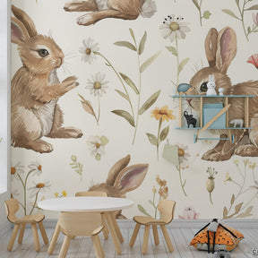 Nature-inspired rabbit wallpaper for kids room featuring wildflowers and woodland creatures by Kids-Mundo