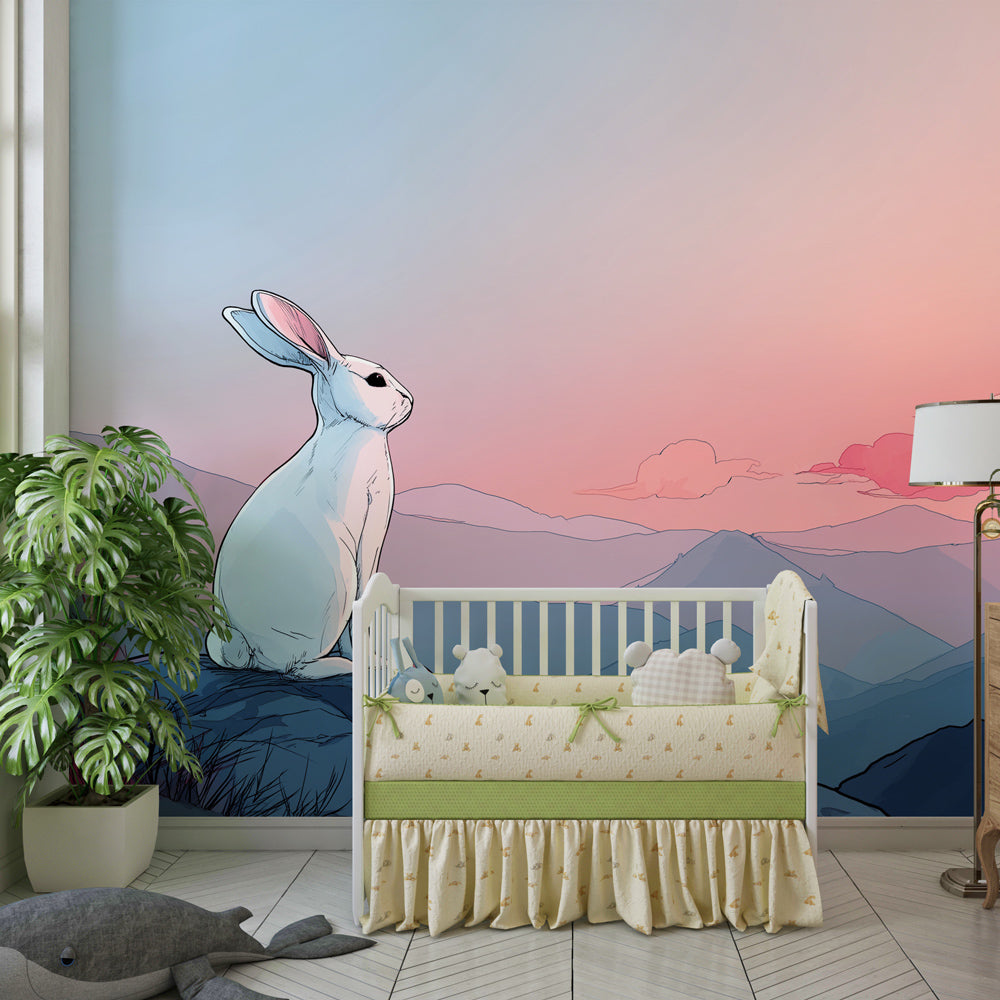 White rabbit sunset wallpaper decorating modern children's bedroom with calming pastel mountain landscape