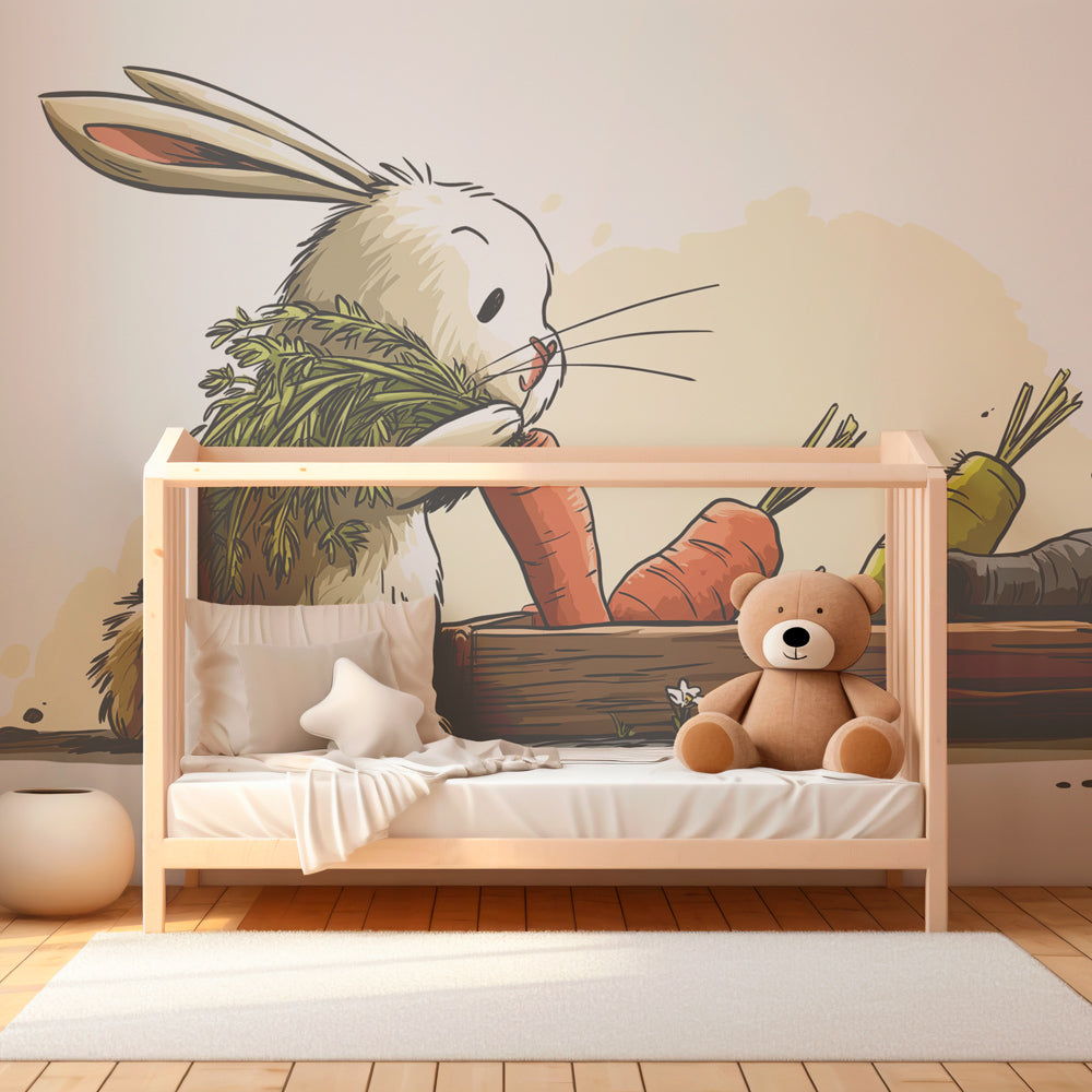 Children's rabbit wallpaper creating cozy garden theme in kids bedroom with natural furniture
