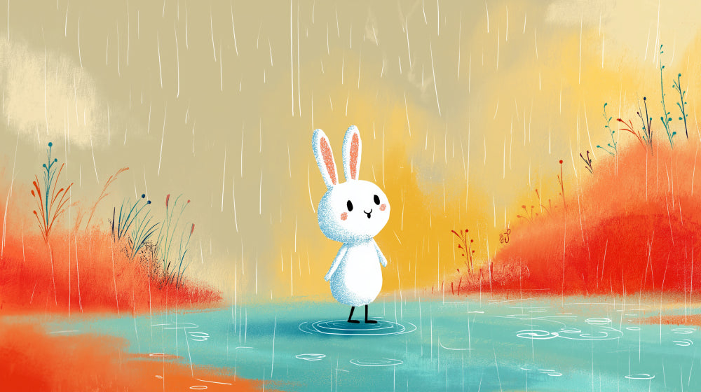 Detailed rabbit rain mural wallpaper design pattern showing white bunny in magical puddle by Kids-Mundo