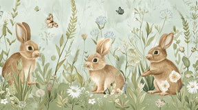 Detailed playful rabbits meadow mural wallpaper design pattern by Kids-Mundo