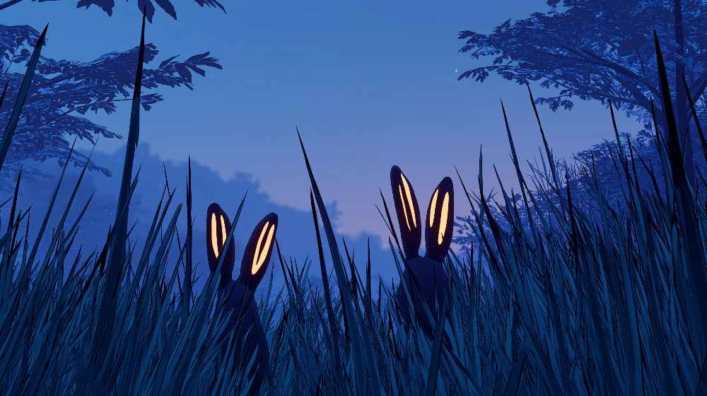 Detailed mystical rabbit mural wallpaper design pattern showing moonlit bunnies in tall grass by Kids-Mundo