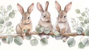 Detailed three rabbits on branch mural wallpaper design pattern by Kids-Mundo