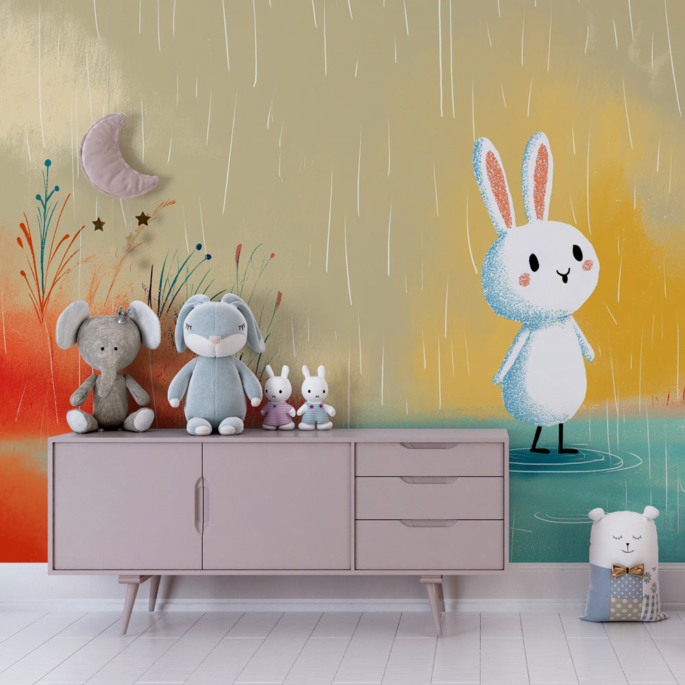 Enchanting bunny rain mural wallpaper transforming kids room into magical nature sanctuary