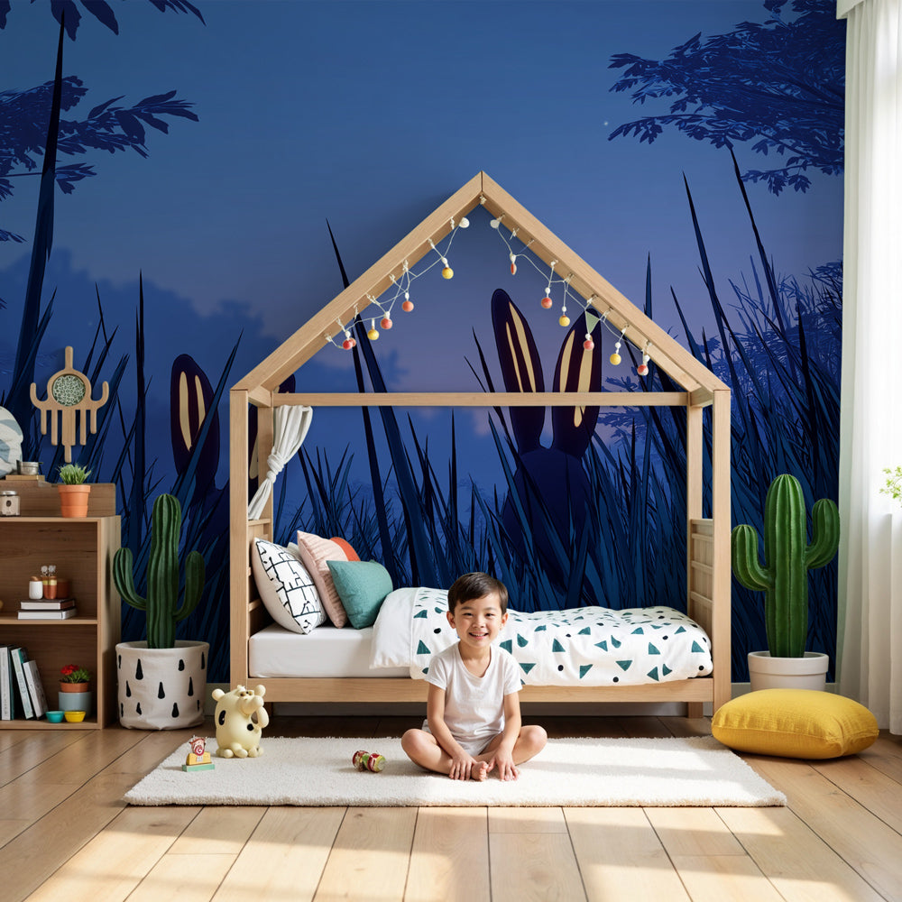 Mystical rabbit mural wallpaper creating magical moonlit atmosphere in modern kids nursery by Kids-Mundo