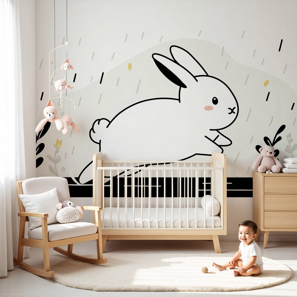 White rabbit mural wallpaper in modern baby nursery with wooden crib by Kids-Mundo