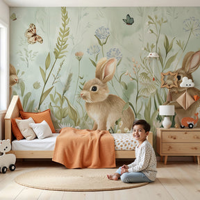 Playful rabbit mural wallpaper in modern nursery setting with green prairie design by Kids-Mundo