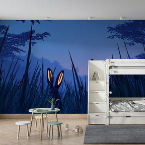 Blue-green rabbit mural wallpaper for kids playroom featuring luminous bunnies in nocturnal meadow setting