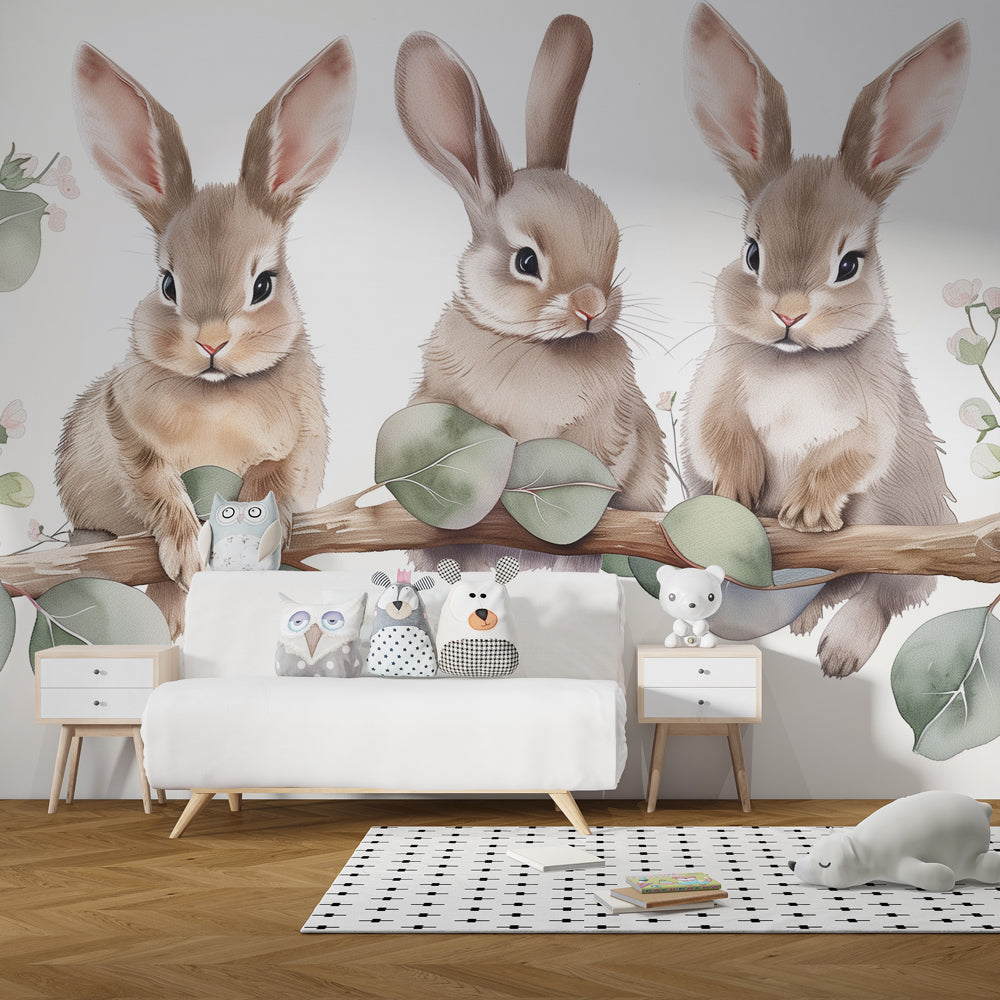 Woodland animal mural wallpaper with rabbits for serene children's bedroom by Kids-Mundo