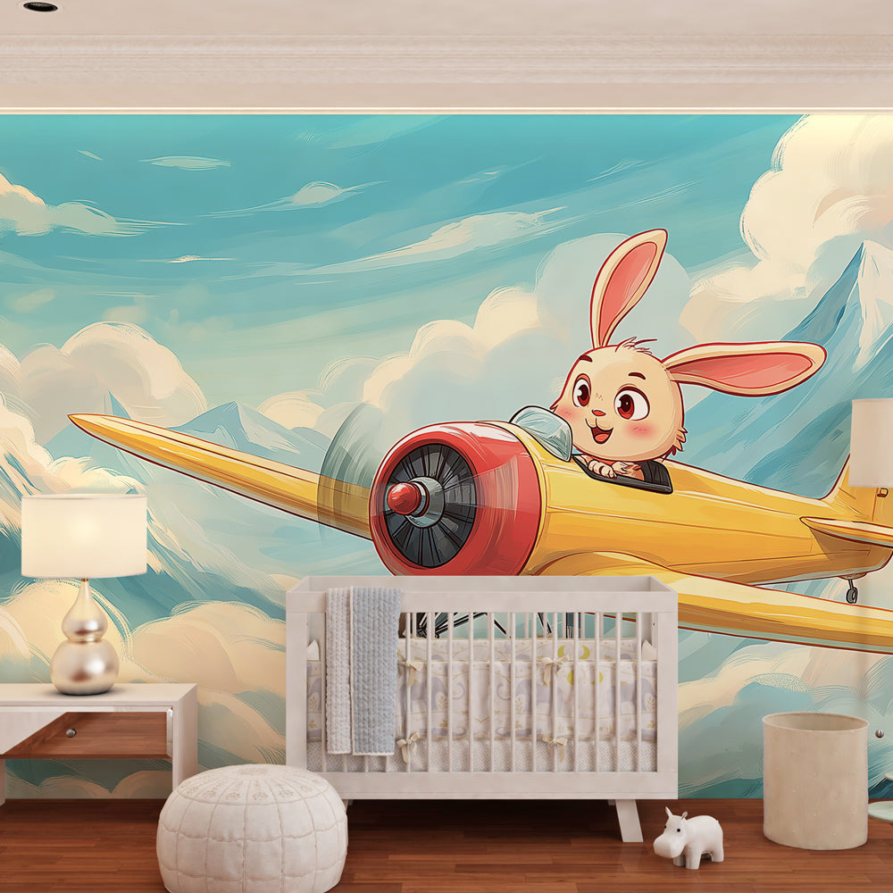Flying rabbit wallpaper creating magical kids bedroom with airplane adventure theme