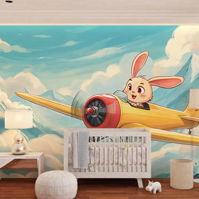 Flying rabbit wallpaper creating magical kids bedroom with airplane adventure theme