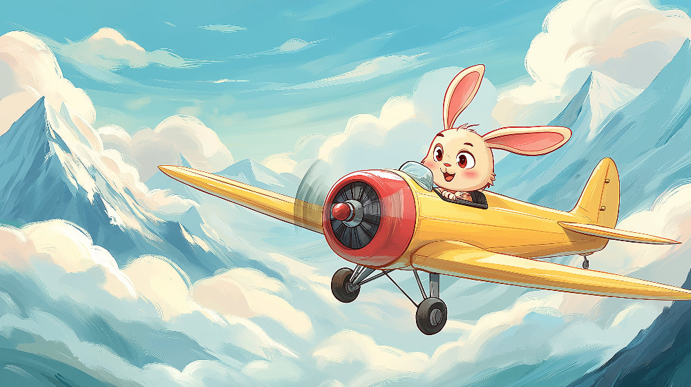 Detailed rabbit pilot airplane mural wallpaper design pattern with clouds and mountains by Kids-Mundo