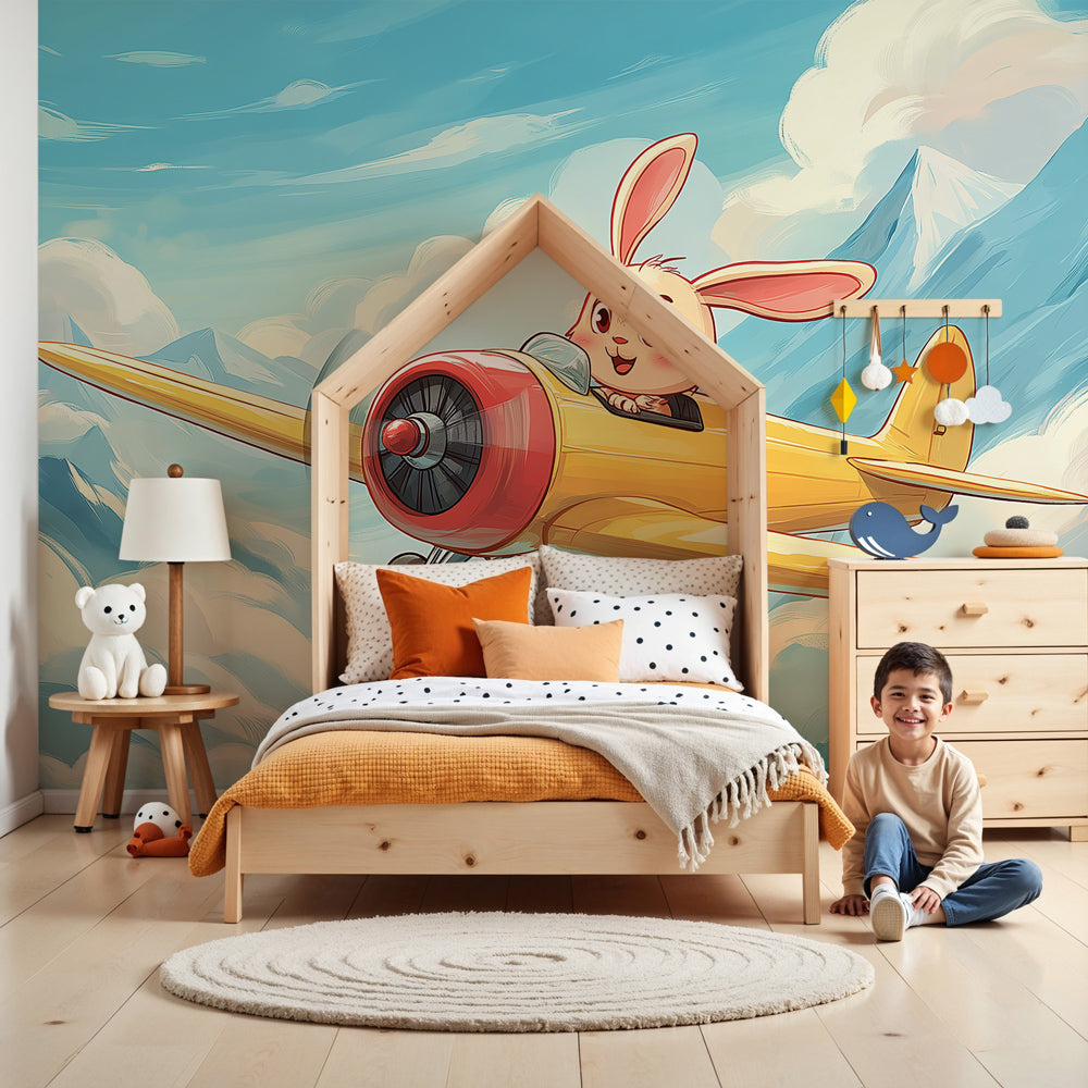 Rabbit pilot mural wallpaper in modern nursery room with blue aviation theme by Kids-Mundo
