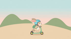 Detailed rabbit scooter mural wallpaper design pattern with pastel landscape by Kids-Mundo