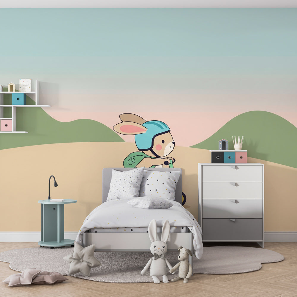 Whimsical rabbit mural wallpaper for children's playroom featuring outdoor adventure scene