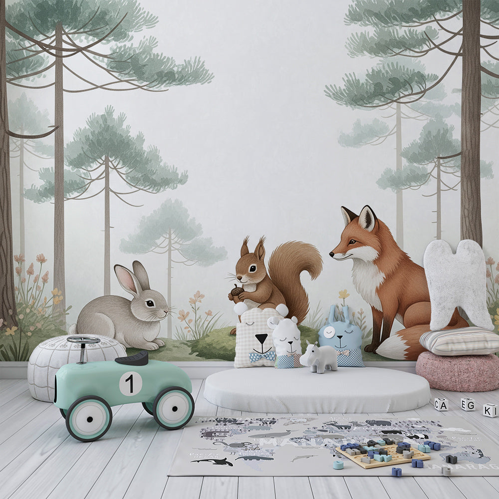 Kids-Mundo woodland meadow mural with rabbit and fox on a child's bedroom wall