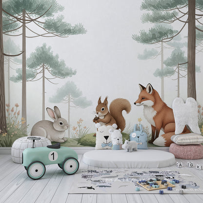 Kids-Mundo woodland meadow mural with rabbit and fox on a child's bedroom wall