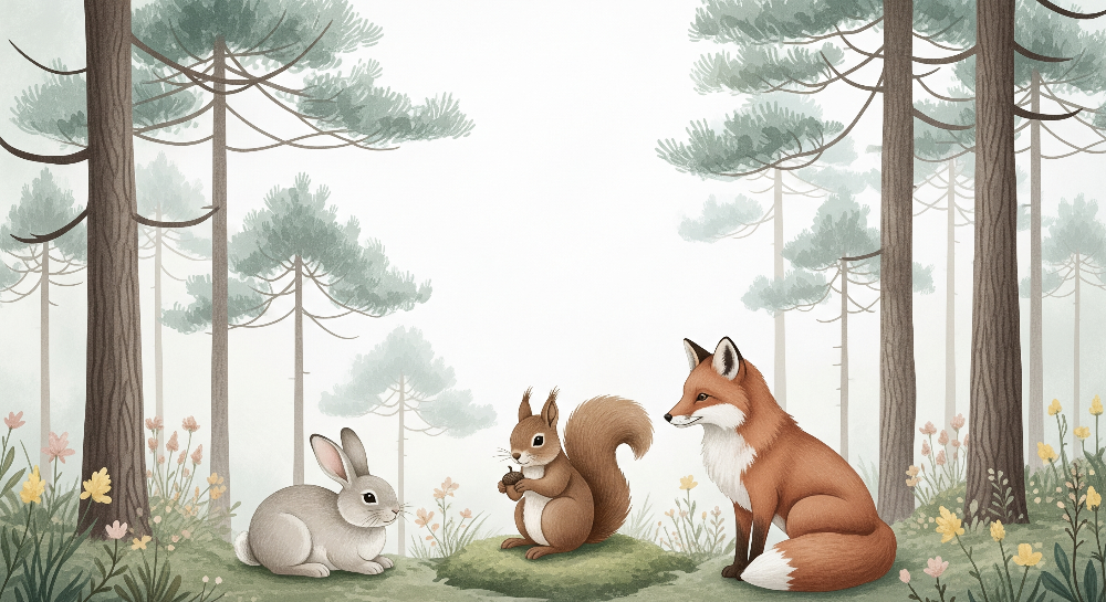 Kids-Mundo flat artwork of a rabbit, squirrel and fox in a wildflower meadow clearing