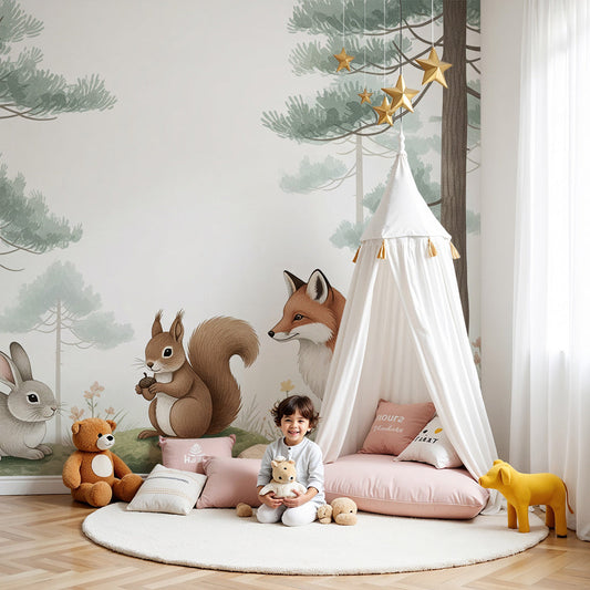 Kids-Mundo rabbit, squirrel and fox wall mural styled in a soft pastel nursery
