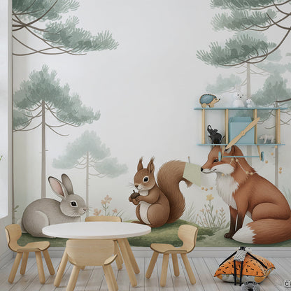 Kids-Mundo watercolour animal mural bringing rabbit, squirrel and fox into a playroom