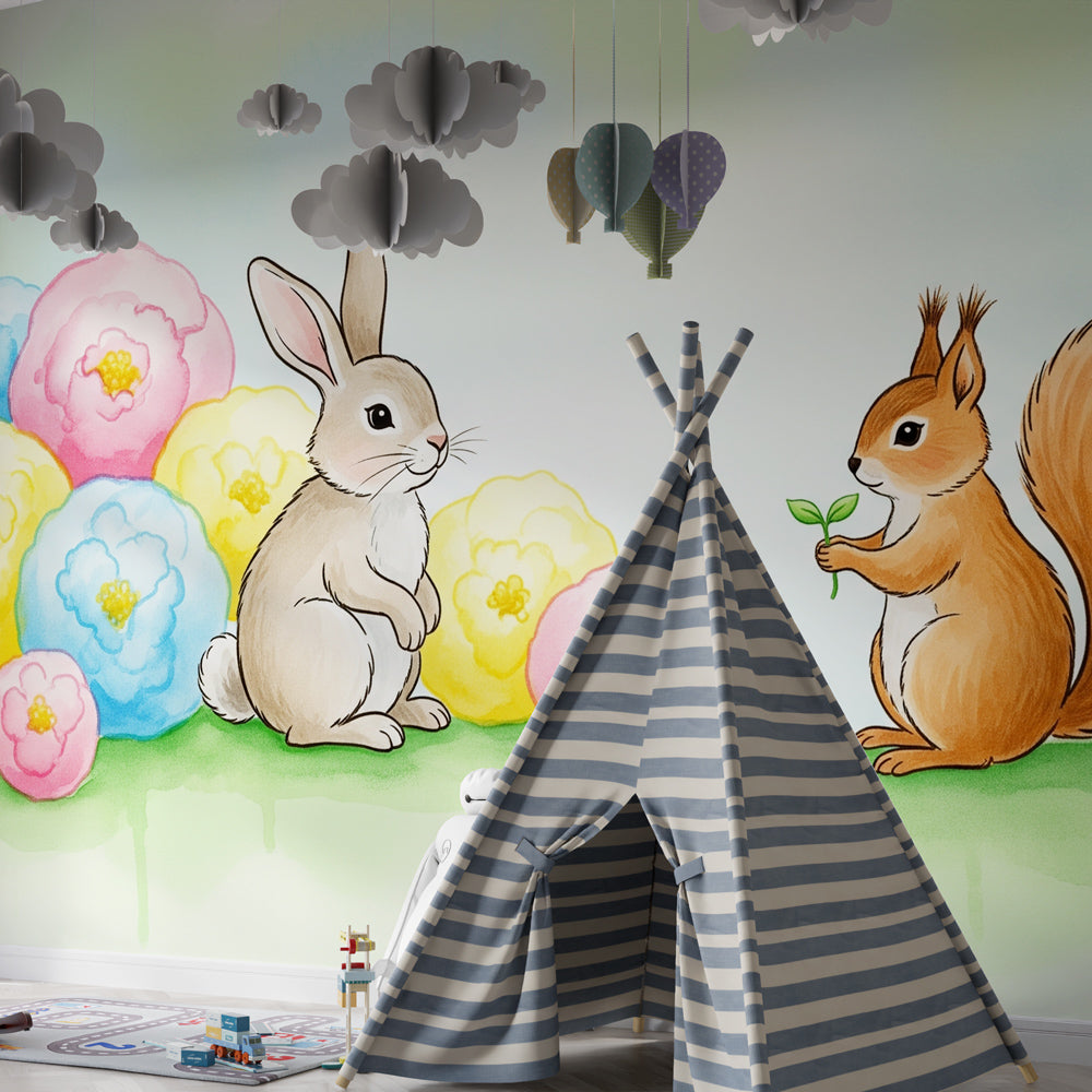 Woodland animal mural wallpaper for baby room featuring rabbit and squirrel among colorful flowers
