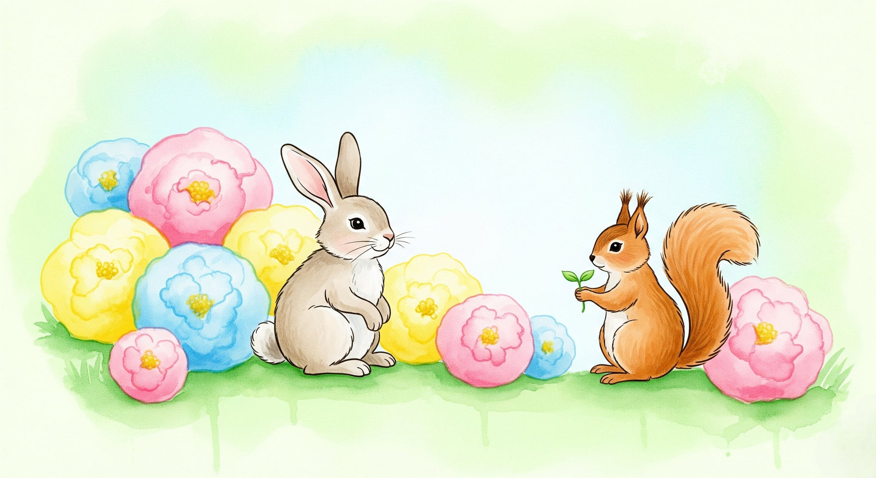 Detailed rabbit and squirrel floral garden mural wallpaper design pattern by Kids-Mundo