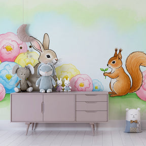 Floral garden mural wallpaper with rabbit and squirrel creating enchanting kids room atmosphere