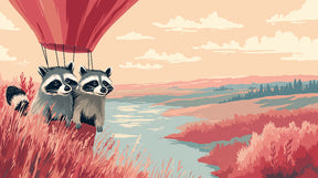 Detailed raccoon hot air balloon mural wallpaper design pattern with pastel sky theme by Kids-Mundo