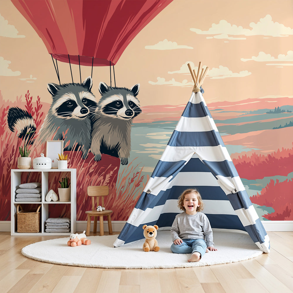 Raccoon hot air balloon mural wallpaper in modern nursery with pastel decor by Kids-Mundo